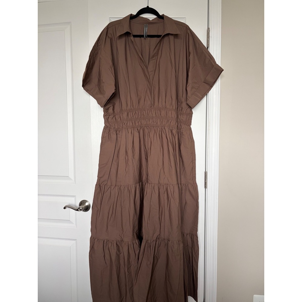 Anthropologie Brown Cotton Poplin Tiered Maxi Dress Smocked Waist 2X